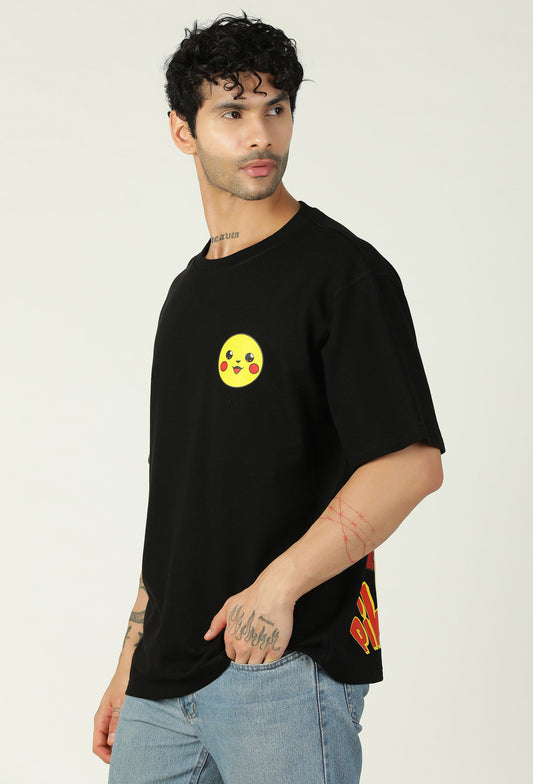 Printed Ultrasoft Pure Cotton Drop-Shoulder Sleeves Oversized Black T-shirt