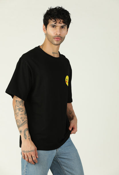 Printed Ultrasoft Pure Cotton Drop-Shoulder Sleeves Oversized Black T-shirt