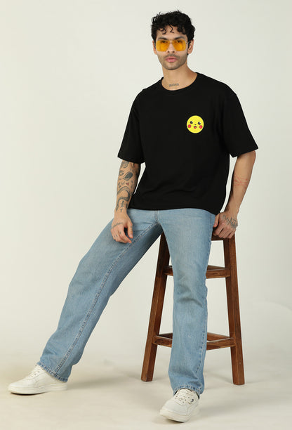 Printed Ultrasoft Pure Cotton Drop-Shoulder Sleeves Oversized Black T-shirt
