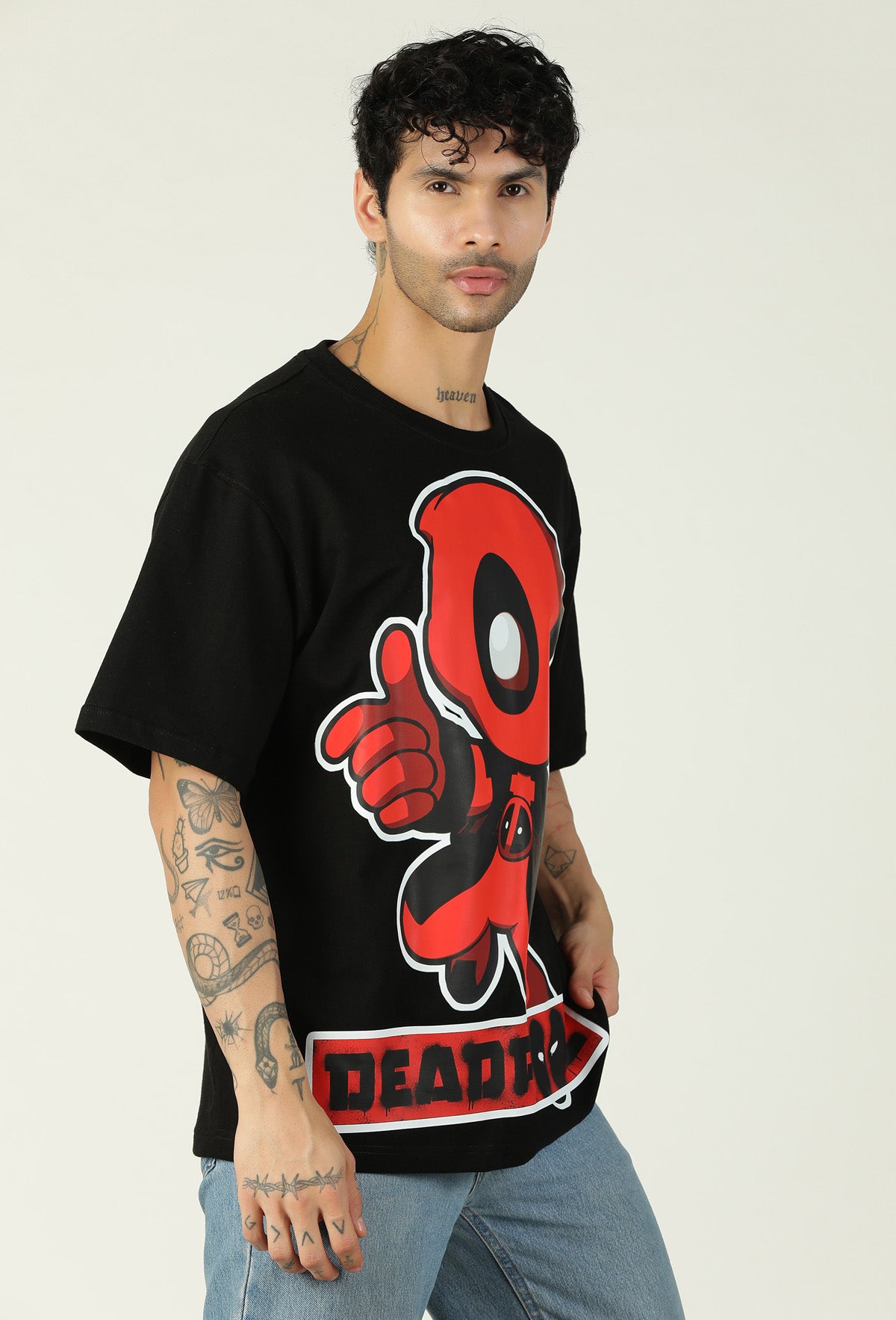 Premium Babypool Printed Pure Cotton Drop-Shoulder Sleeves Black Oversized T-shirt