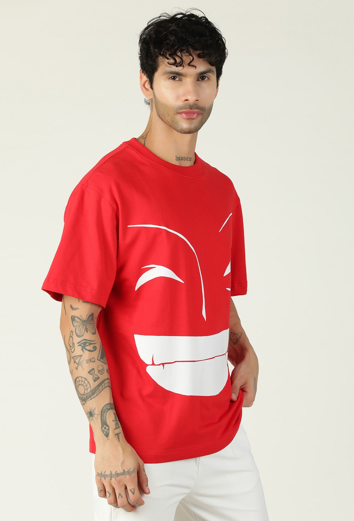 One Piece Unique Graphic Printed Red Pure Cotton Oversized T-shirt.