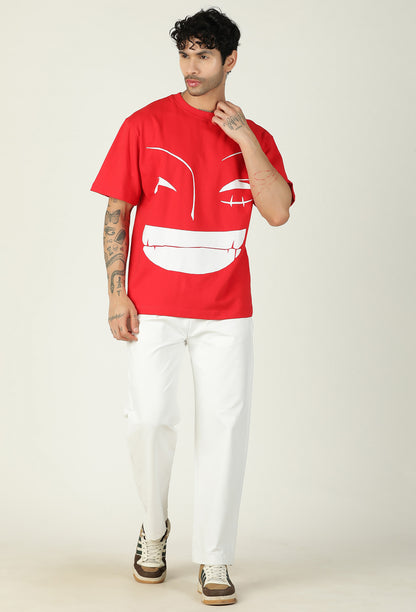 One Piece Unique Graphic Printed Red Pure Cotton Oversized T-shirt