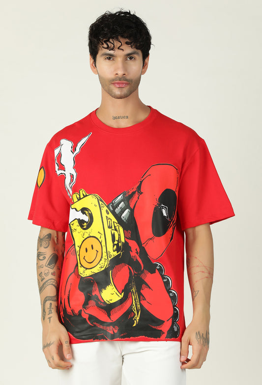 Deadpool Pure Cotton Printed Drop-Shoulder Sleeves Oversized T-shirt Red