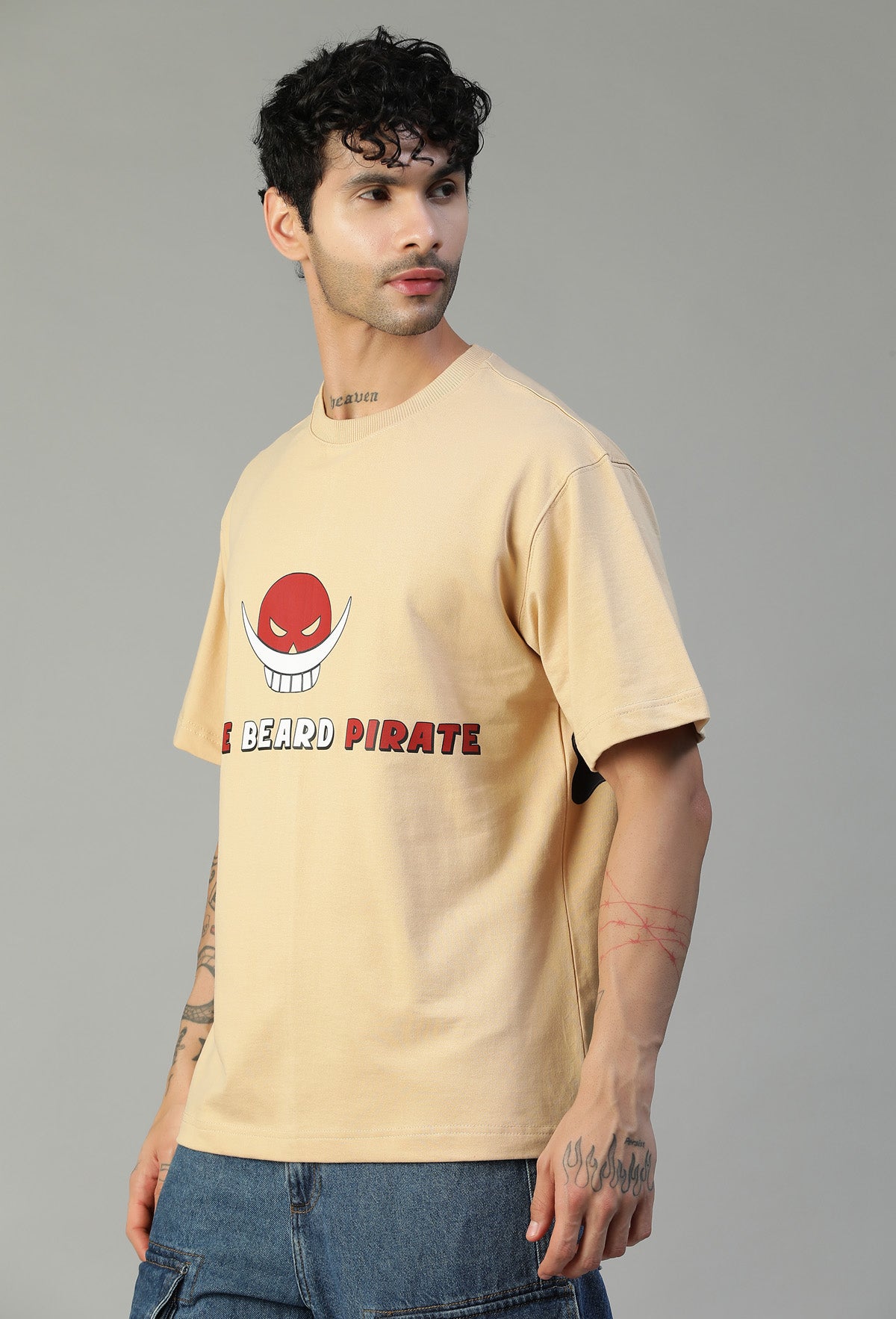 One Piece White Beard Pure Cotton Oversized T-shirt Beige