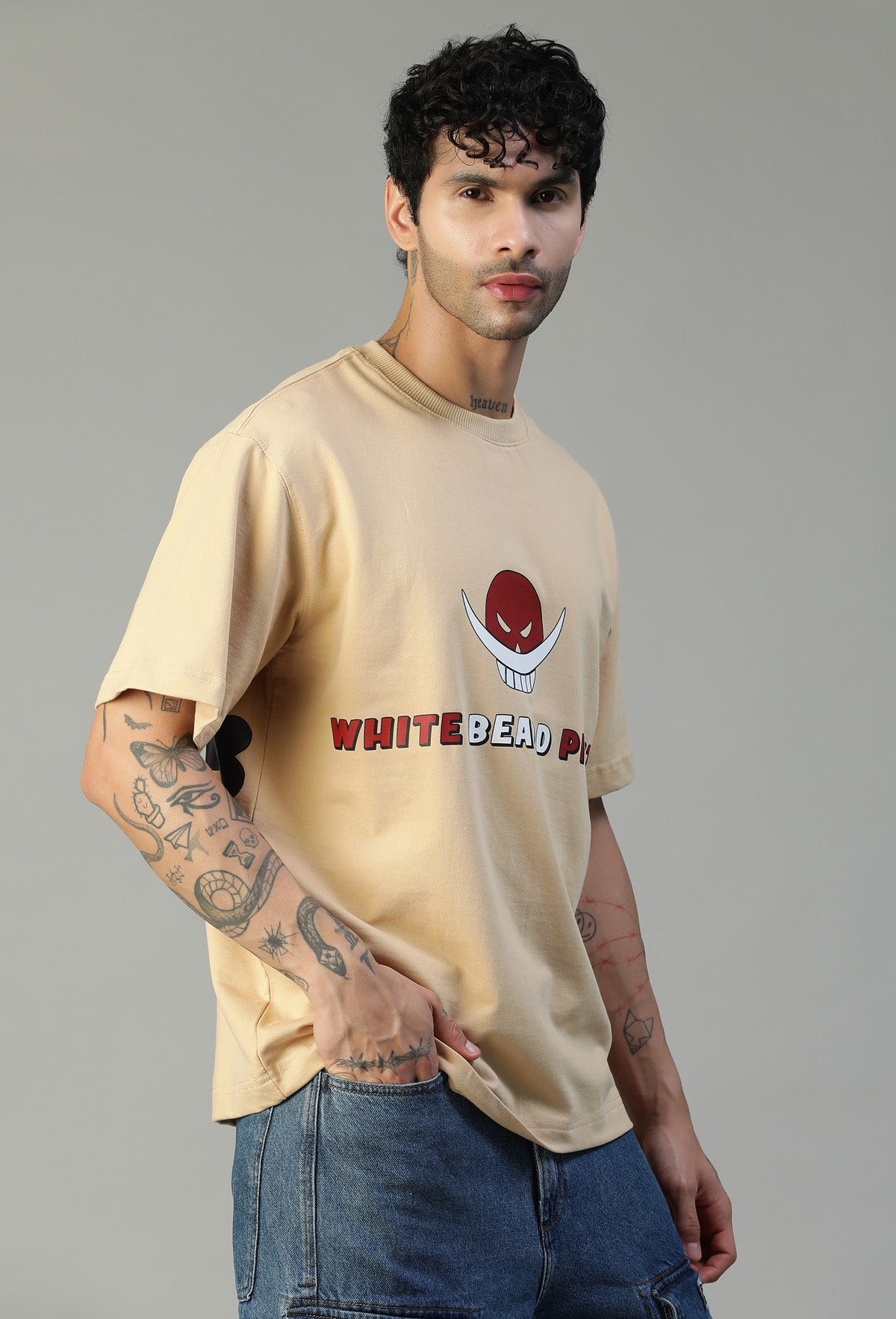 One Piece White Beard Pure Cotton Oversized T-shirt Beige