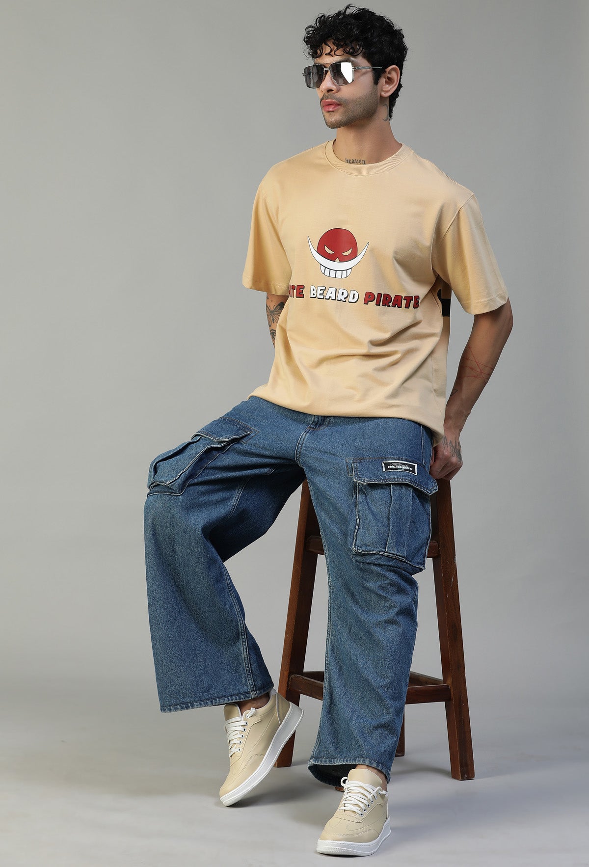 One Piece White Beard Pure Cotton Oversized T-shirt Beige
