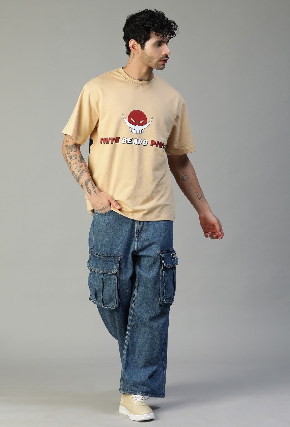 One Piece White Beard Pure Cotton Oversized T-shirt Beige
