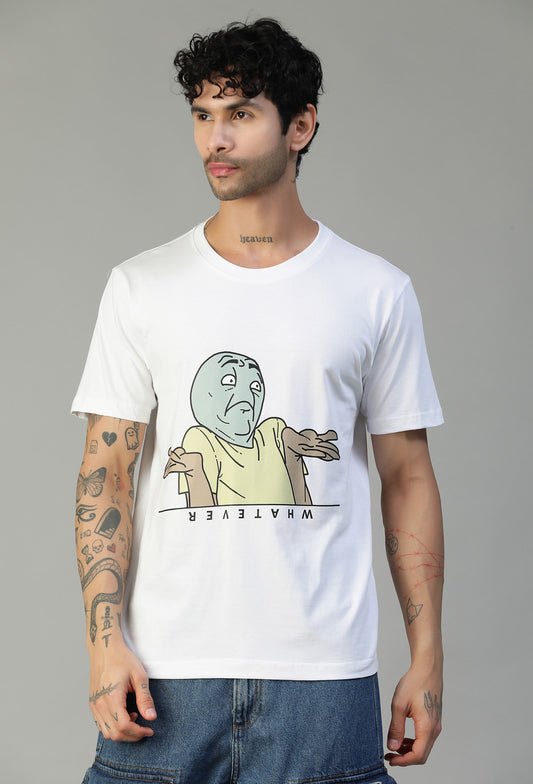 Whatever Funky Troll Face White Regular Fit Printed T-Shirt