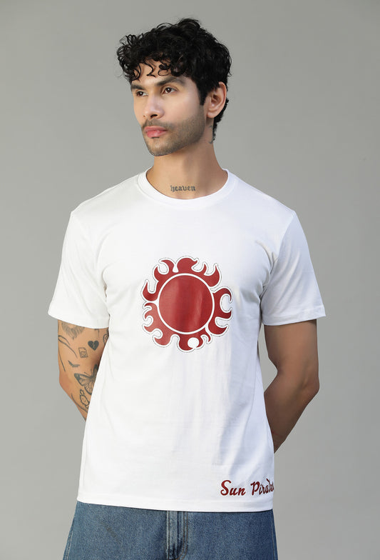 One Piece Sun Pirate Symbol Printed on White Regular Fit T-Shirt