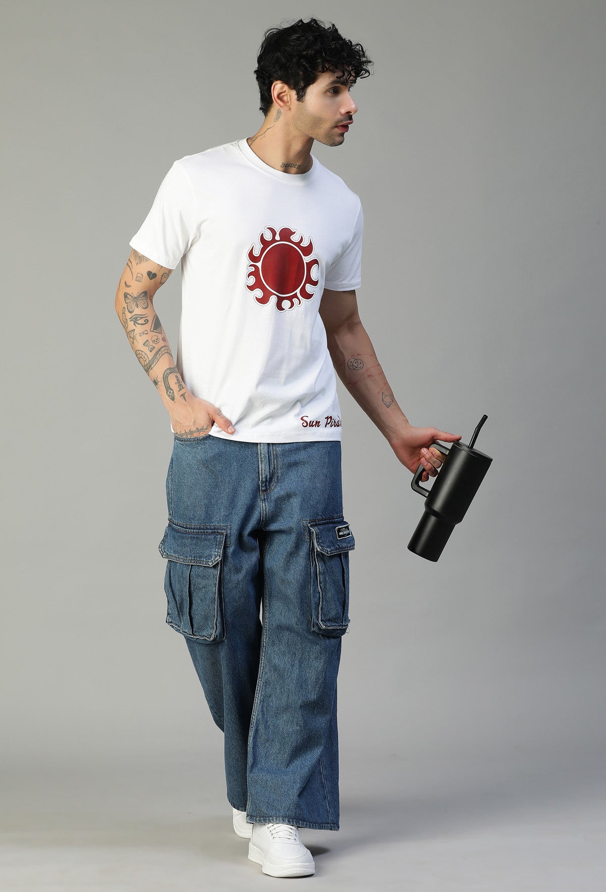 One Piece Sun Pirate Symbol Printed on White Regular Fit T-Shirt.