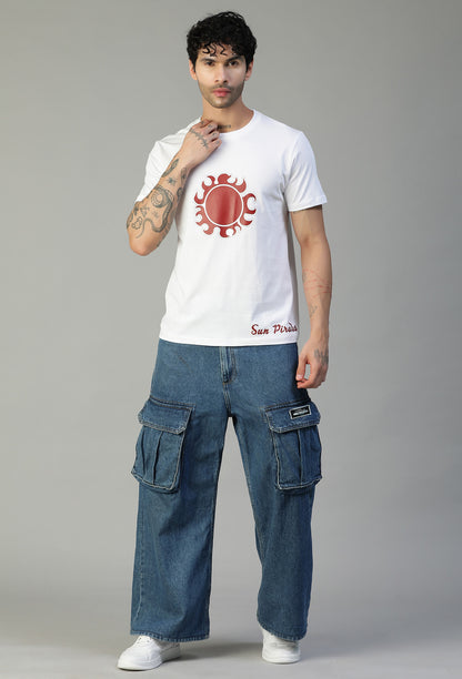 One Piece Sun Pirate Symbol Printed on White Regular Fit T-Shirt