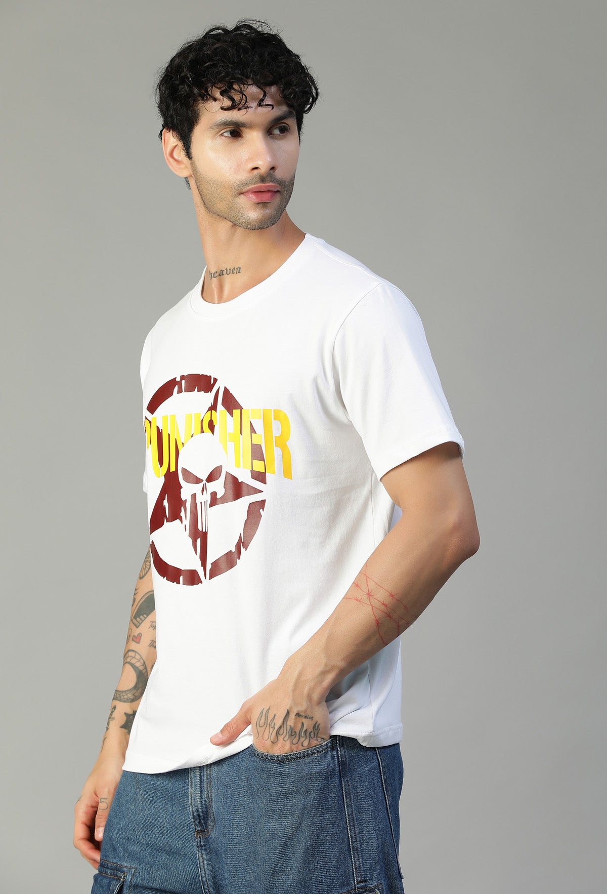 The Punisher Premium Design Print White Regular Fit T-Shirt.