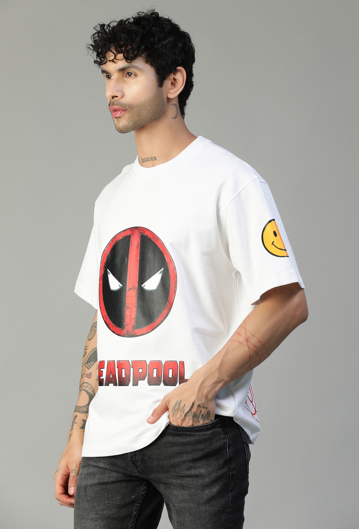 Deadpool Ultrasoft Pure Cotton Drop-Shoulder Sleeves Oversized White T-shirt