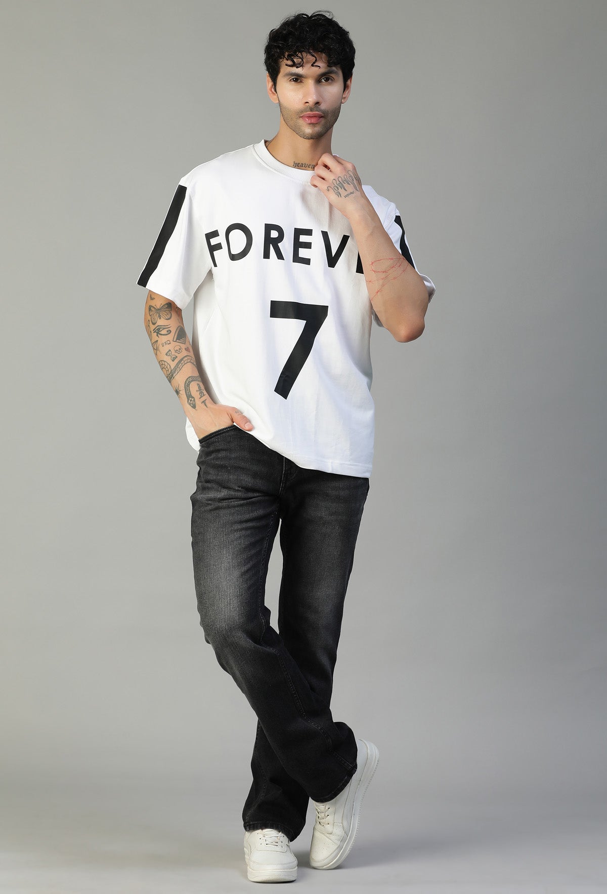 Forever 7 Premium Design White Pure Cotton Oversized T-shirt.