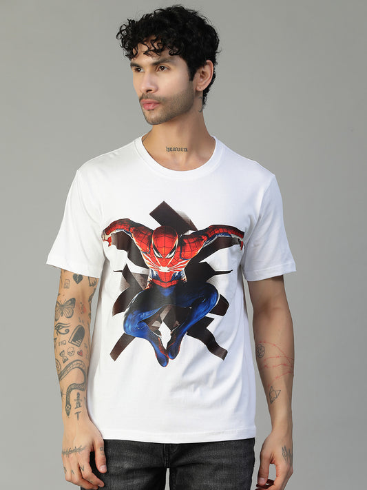 Regular Fit Spider Man Design Printed T-Shirt White