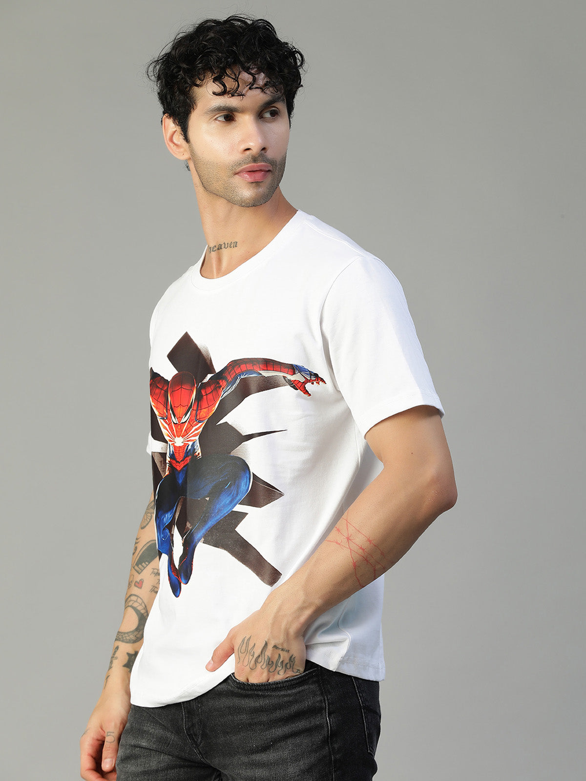 Regular Fit Spider Man Design Printed T-Shirt White.
