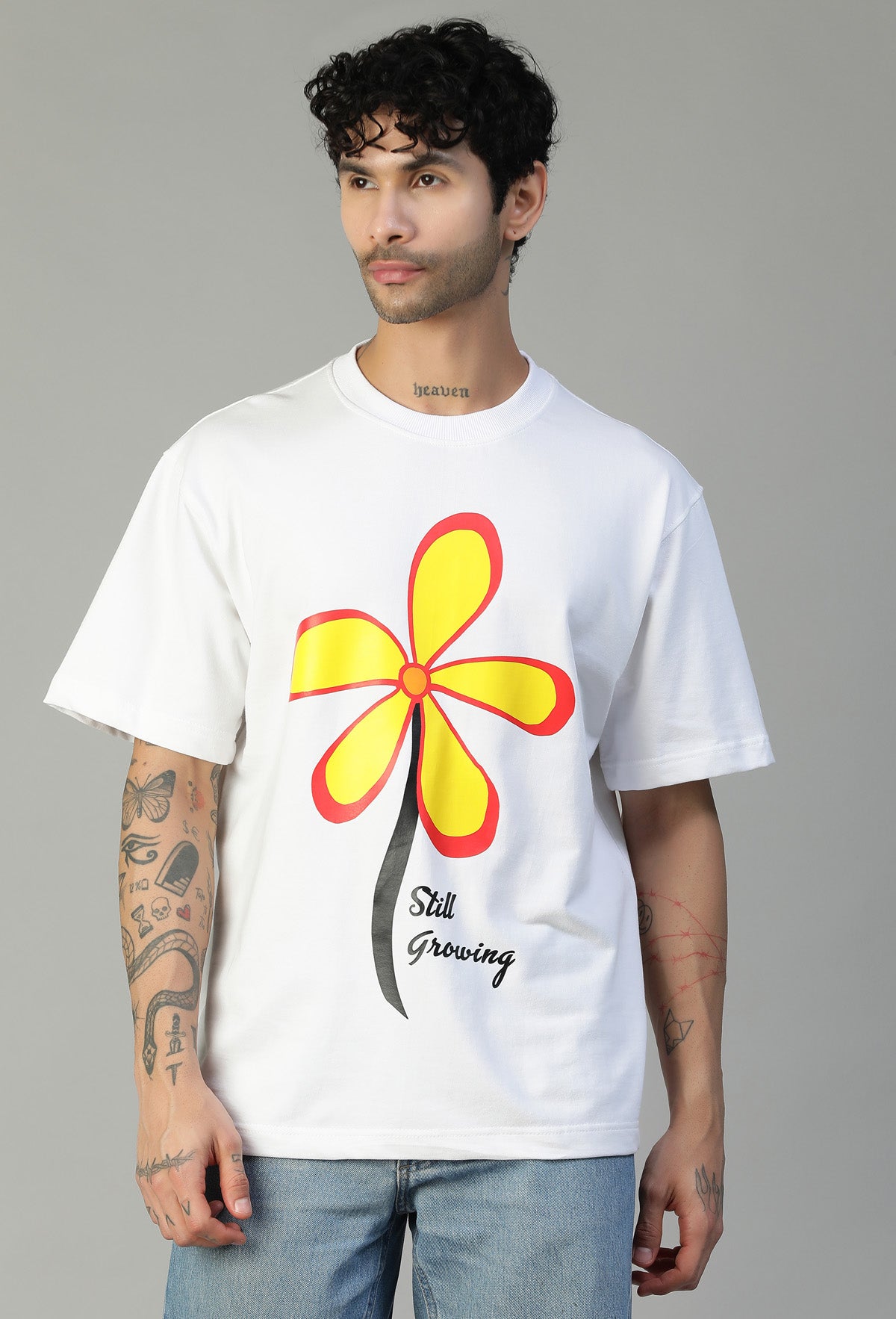 Floral Printed White Pure Cotton Oversized T-shirt.