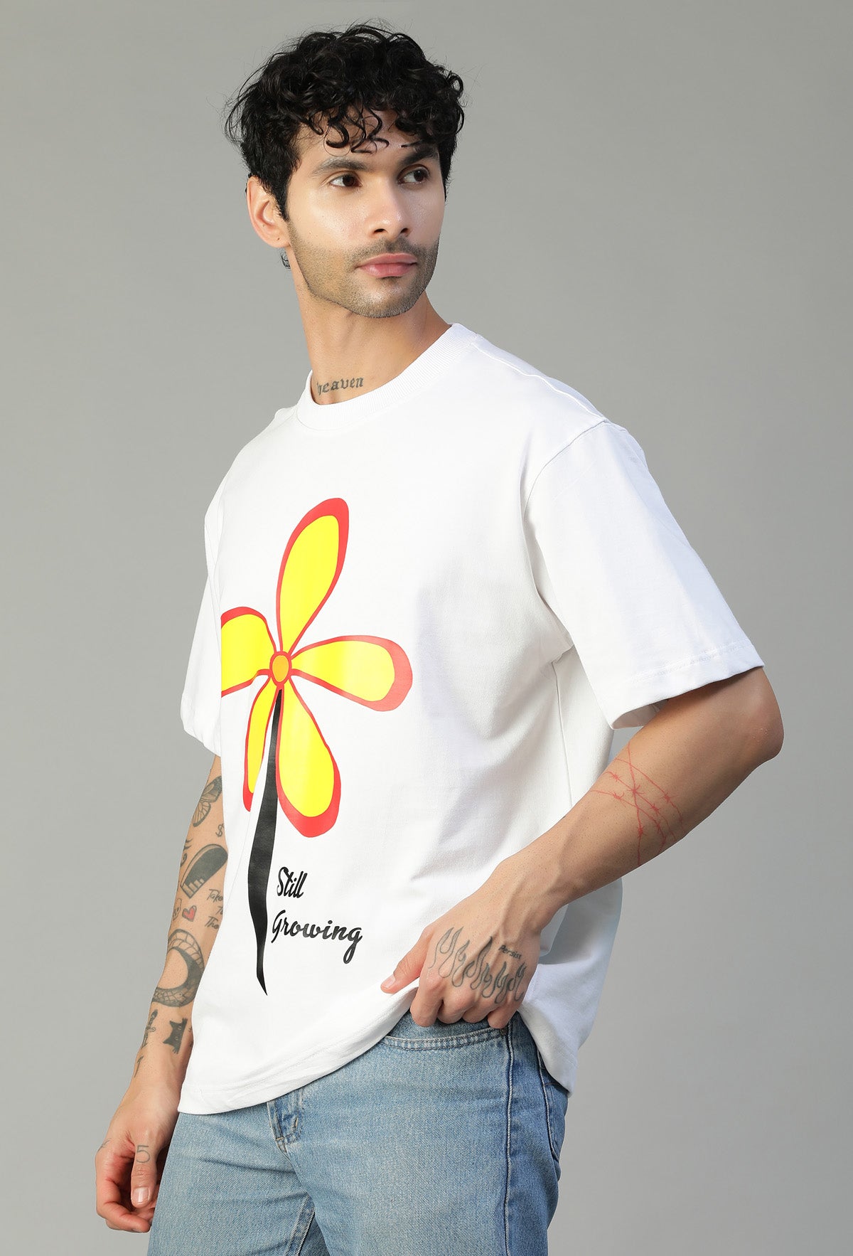 Floral Printed White Pure Cotton Oversized T-shirt.