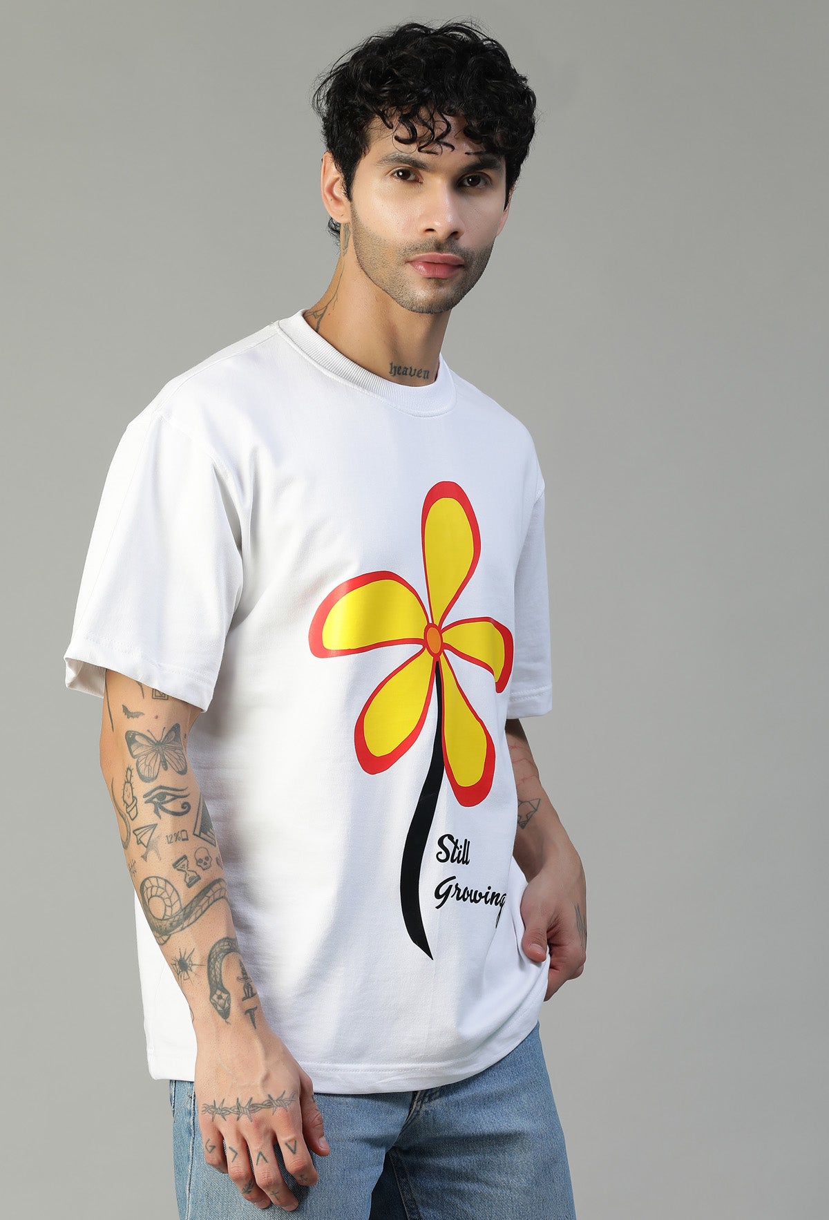 Floral Printed White Pure Cotton Oversized T-shirt.