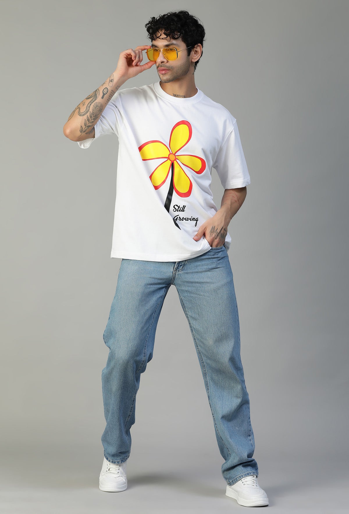 Floral Printed White Pure Cotton Oversized T-shirt.