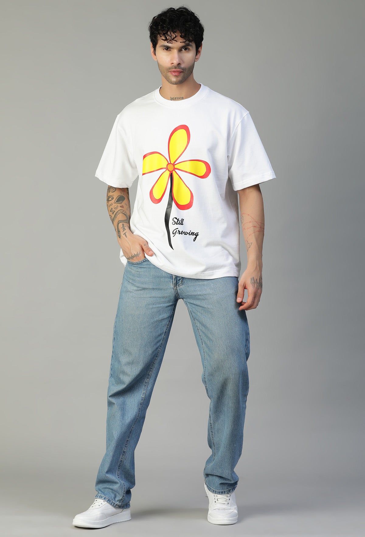Floral Printed White Pure Cotton Oversized T-shirt.
