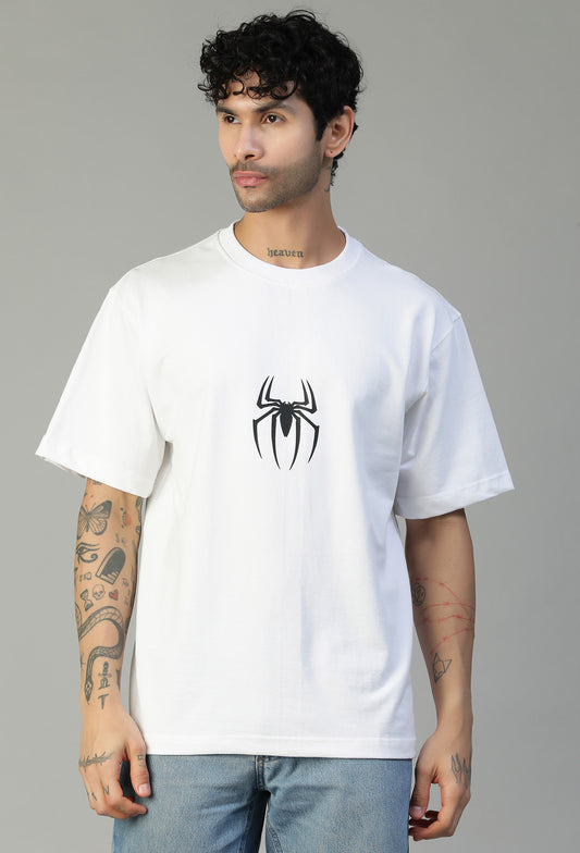 Spider Symbol Printed Pure Cotton Drop-Shoulder Sleeves Oversized White T-shirt