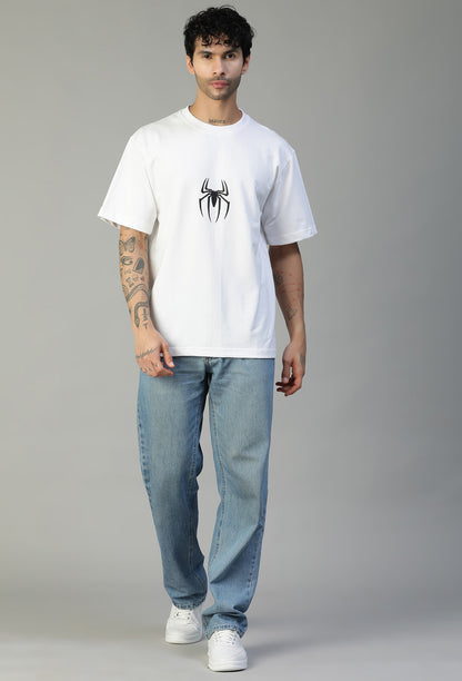 Spider Symbol Printed Pure Cotton Drop-Shoulder Sleeves Oversized White T-shirt