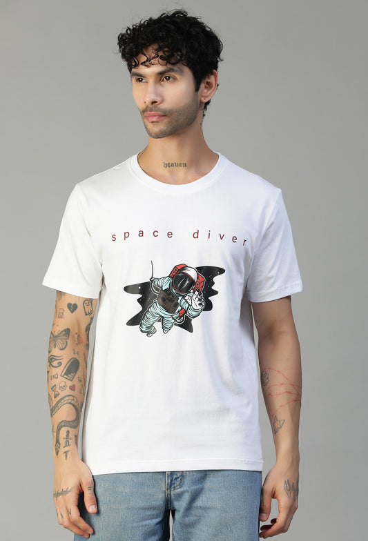 Space Diver Regular Fit Printed T-Shirt White