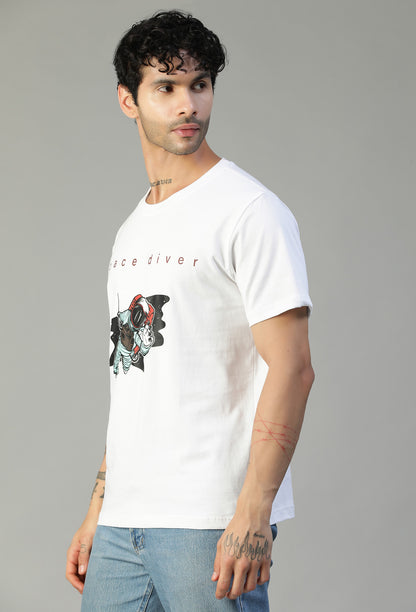 Space Diver Regular Fit Printed T-Shirt White