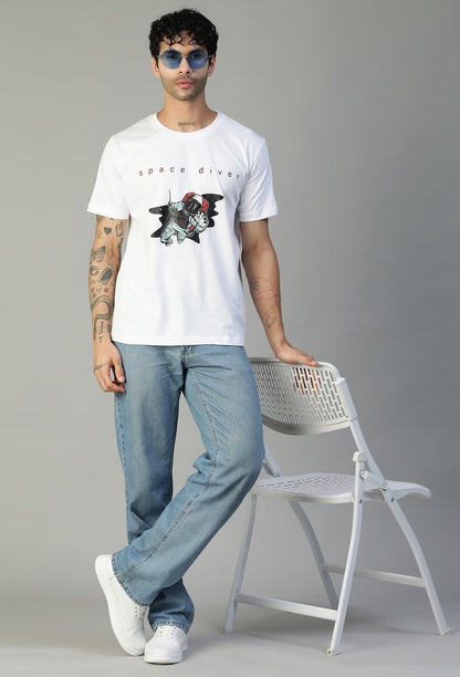 Space Diver Regular Fit Printed T-Shirt White