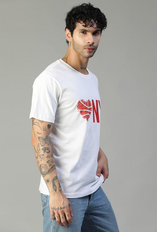 Minimal NYC Text Printed White Regular Fit T-Shirt