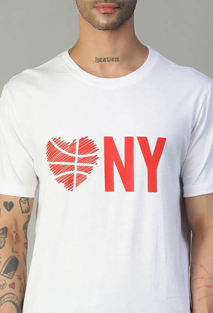 Minimal NYC Text Printed White Regular Fit T-Shirt