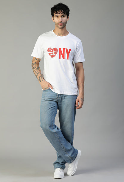 Minimal NYC Text Printed White Regular Fit T-Shirt