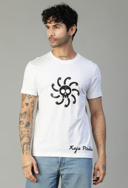 One Piece Anime Design Pirate Symbol Regular Fit White Printed T-Shirt