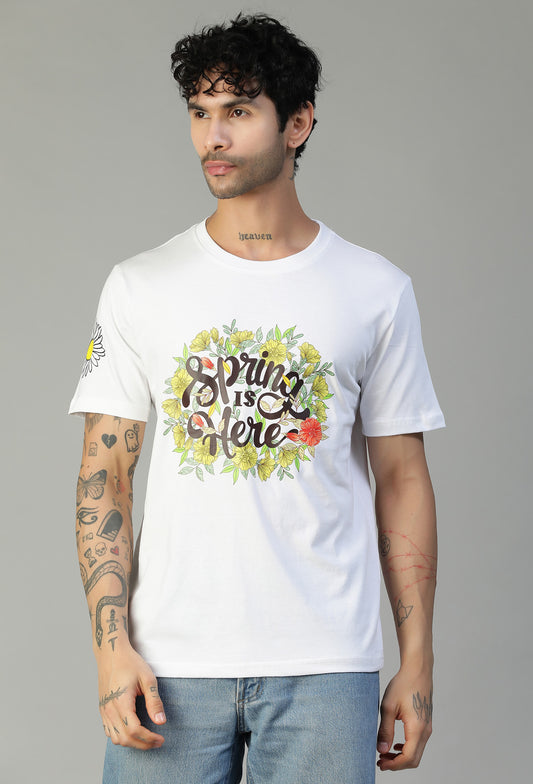 Regular Fit Spring Floral Design Printed T-Shirt White