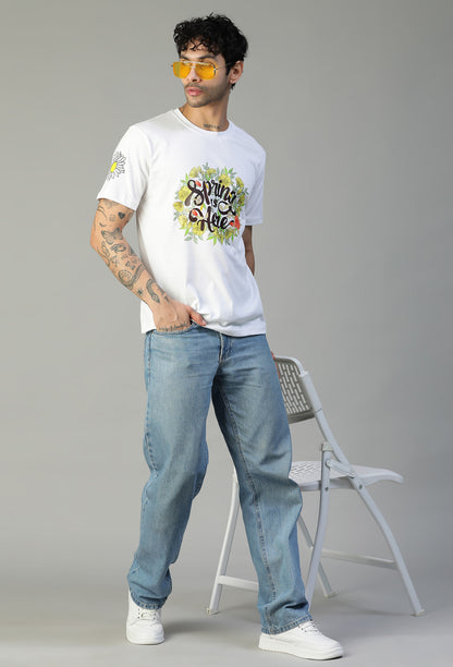 Regular Fit Spring Floral Design Printed T-Shirt White