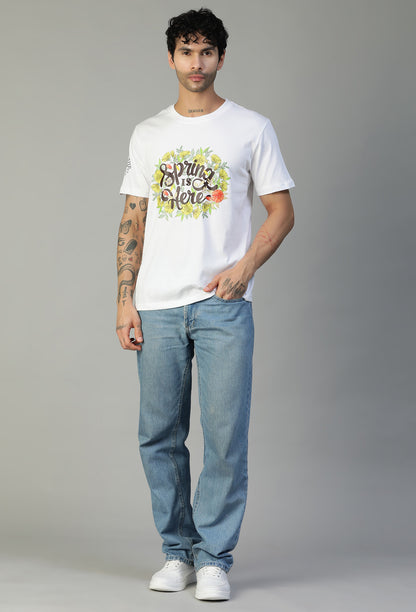 Regular Fit Spring Floral Design Printed T-Shirt White