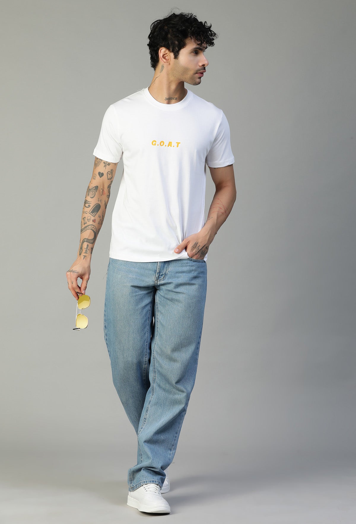 Hera-Feri Goat Design Regular Fit Printed White T-Shirt.