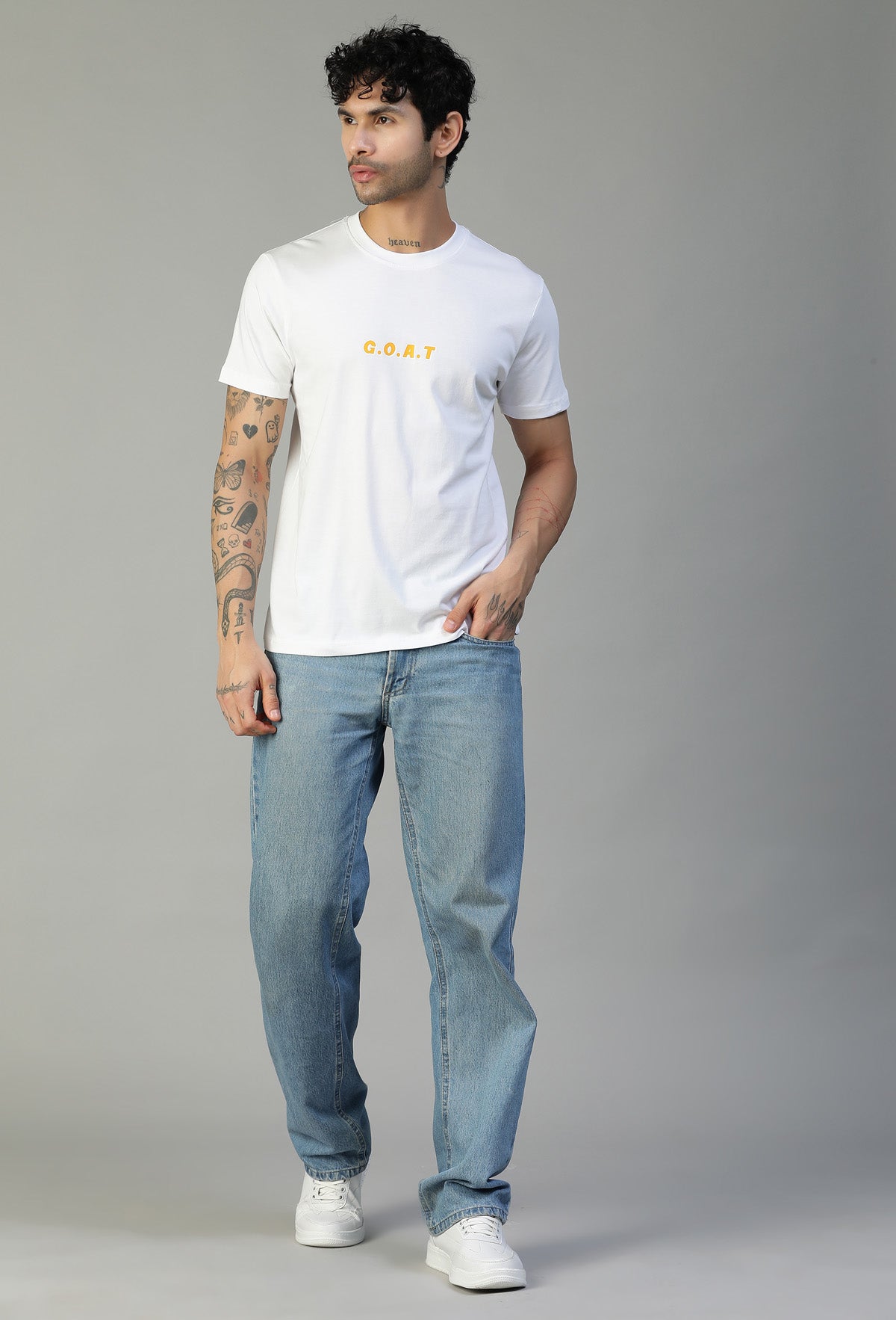 Hera-Feri Goat Design Regular Fit Printed White T-Shirt.