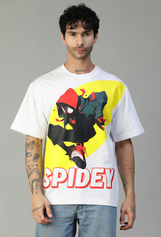 Premium Spiderman Graphic Printed Pure Cotton Drop-Shoulder Sleeves Oversized T-shirt White