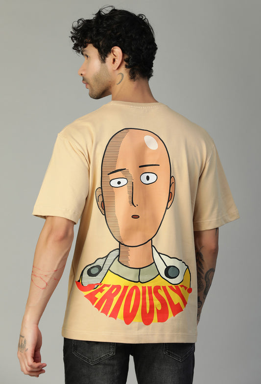 One Punch Man Printed Pure Cotton Oversized T-shirt Beige