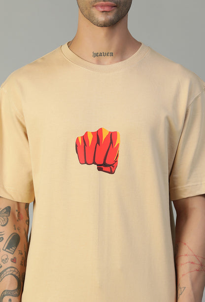 One Punch Man Printed Pure Cotton Oversized T-shirt Beige