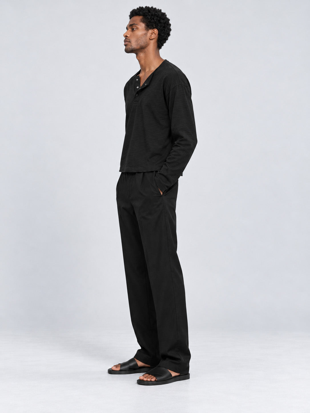 Men's black Slub Cotton Cropped Henley T-Shirt  side view