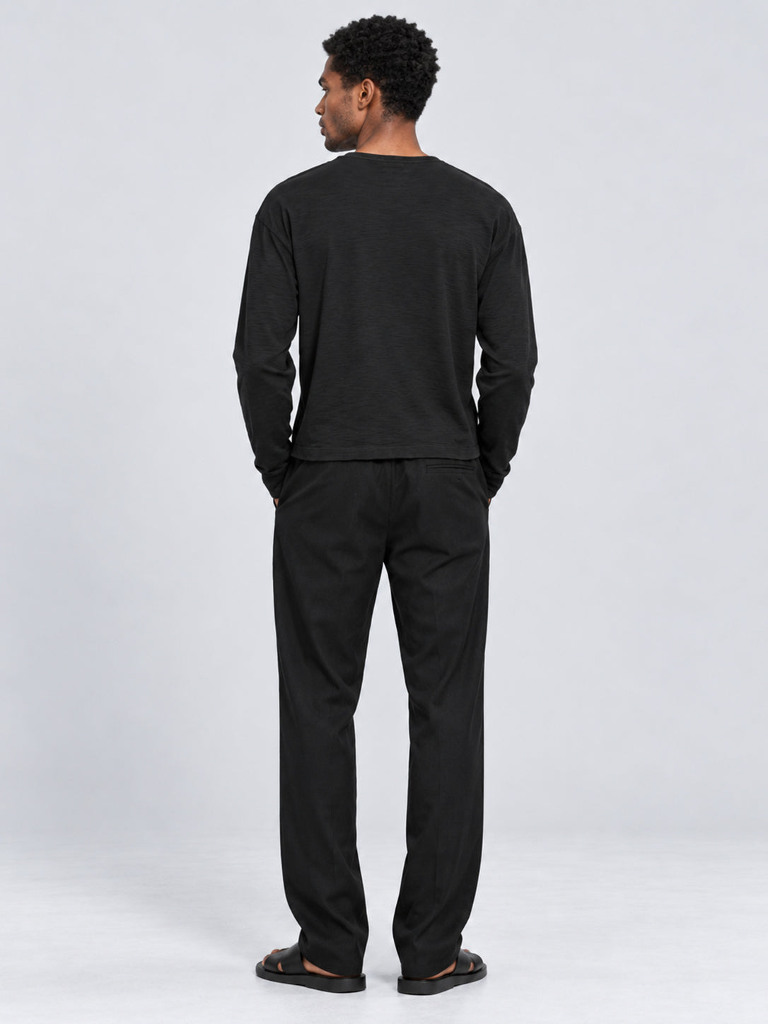 Men's black Slub Cotton Cropped Henley T-Shirt  back view