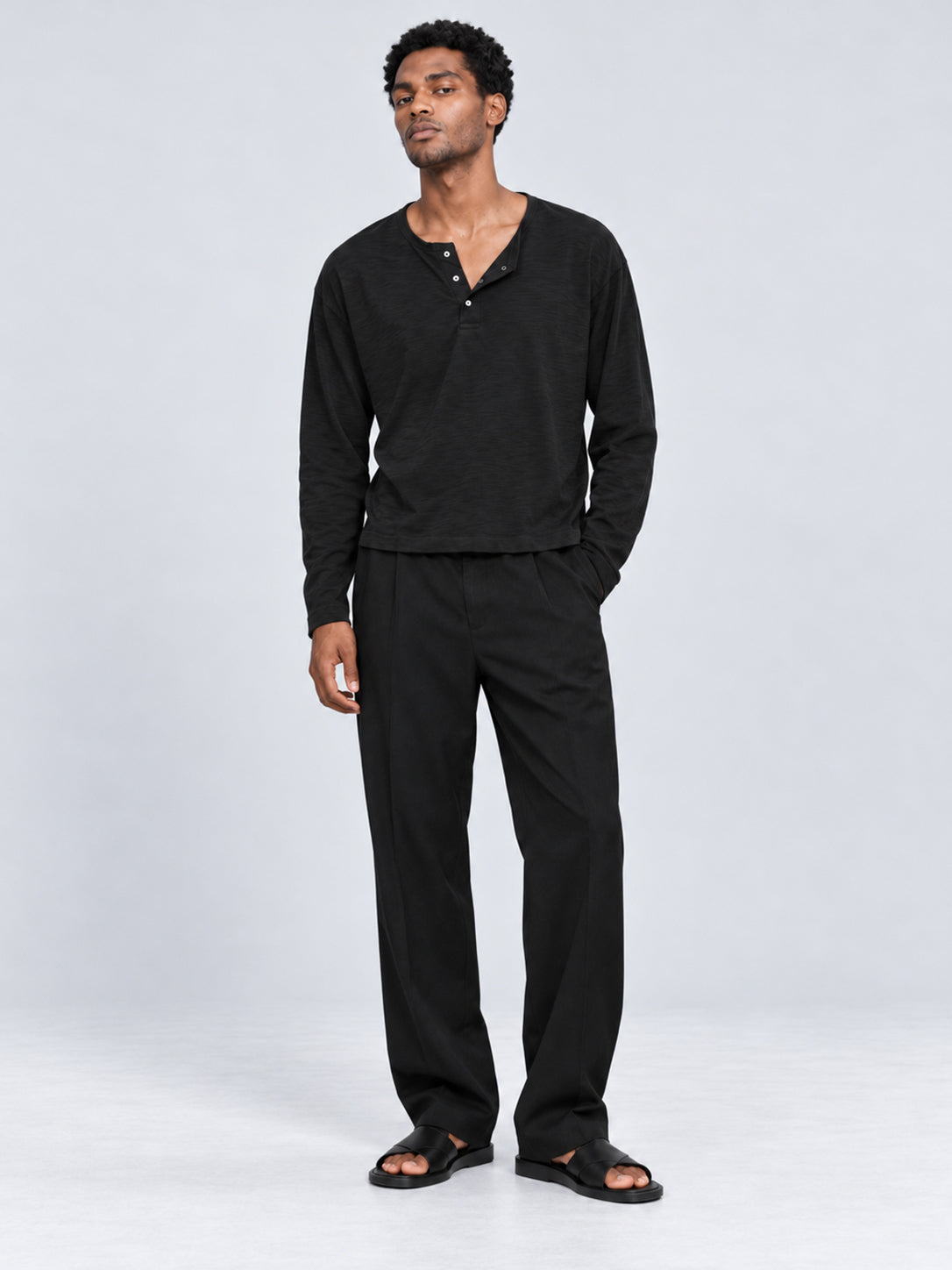 Men's black Slub Cotton Cropped Henley T-Shirt  front view
