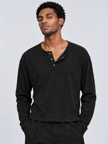 Men's Black Slub Cotton Cropped Full-Sleeve Henley T-Shirt