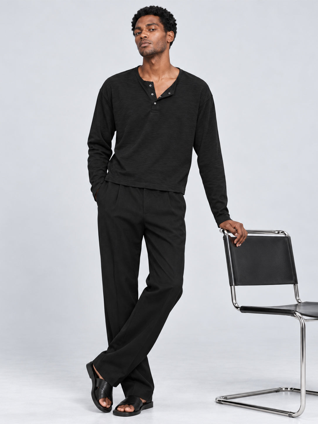 Men's black Slub Cotton Cropped Henley T-Shirt  style shot