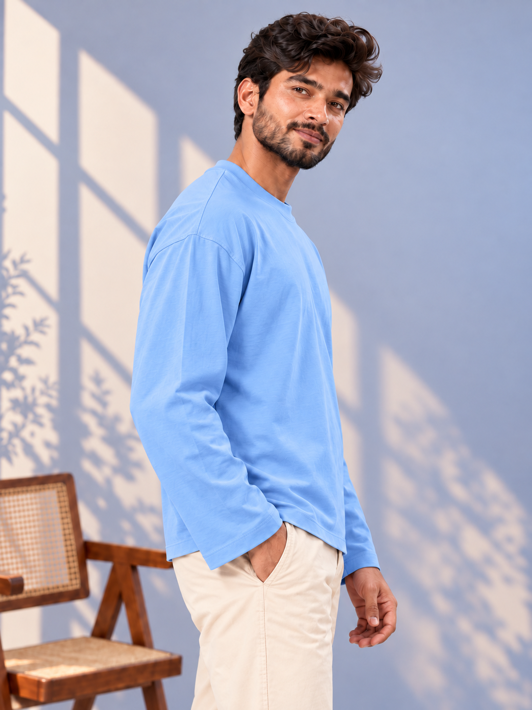 Men's Solid Sky Blue Pure Cotton Oversized T-Shirt