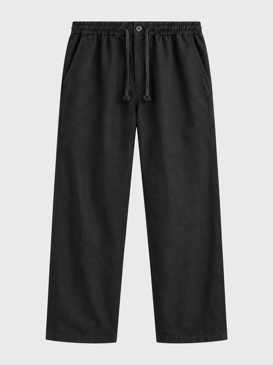 DILI men's black relaxed straight-fit drawstring trousers styled with a white Henley T-shirt.