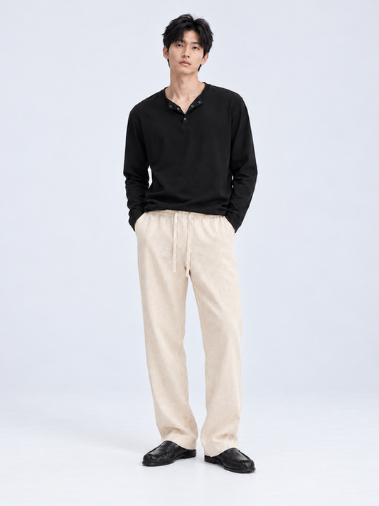 DILI men's beige relaxed straight-fit trousers, front view with drawstring waist.